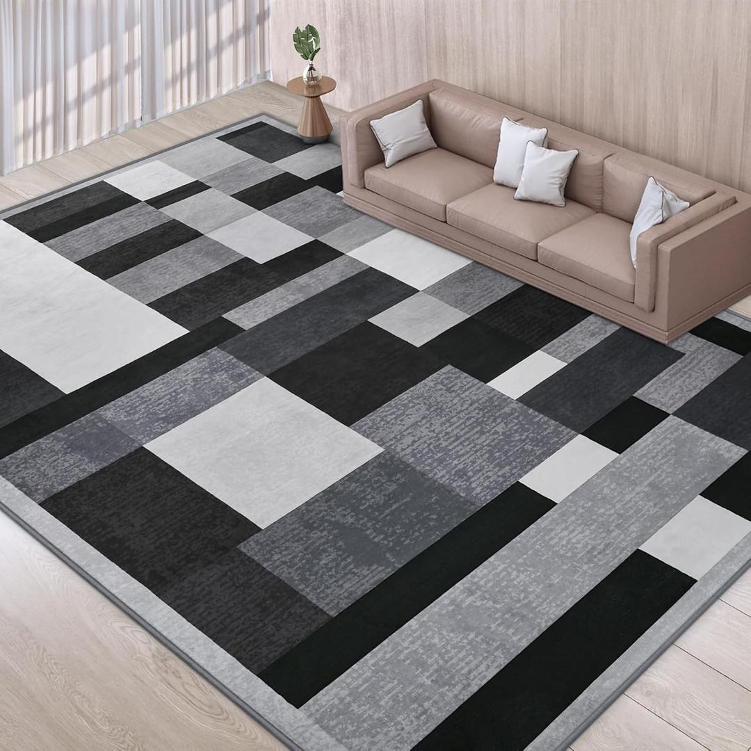 TWINNIS Indoor Modern Area Rug,11x9 Geometric Patchwork Style Washable Large Rugs for Living Room Bedroom Hardwood Floors, Non Shedding Non Anti Backing Soft Carpet Home Floor Decor, Black