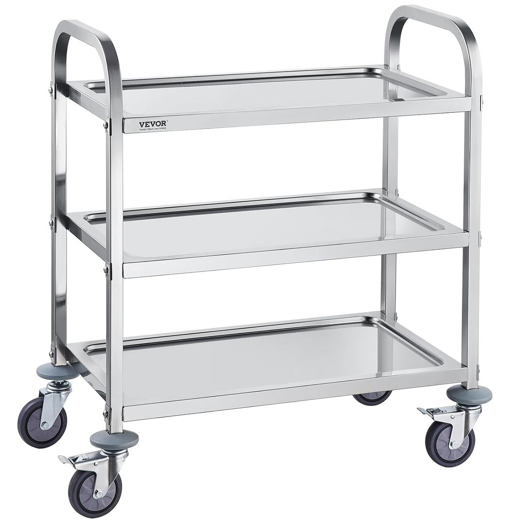 VEVORStainless Steel Cart,3 LayersLab Utility Cart400 lbs Weight Capacity,Medical Cartwith Lockable Universal Wheels, for Lab, Clinic, Kitchen, Salon