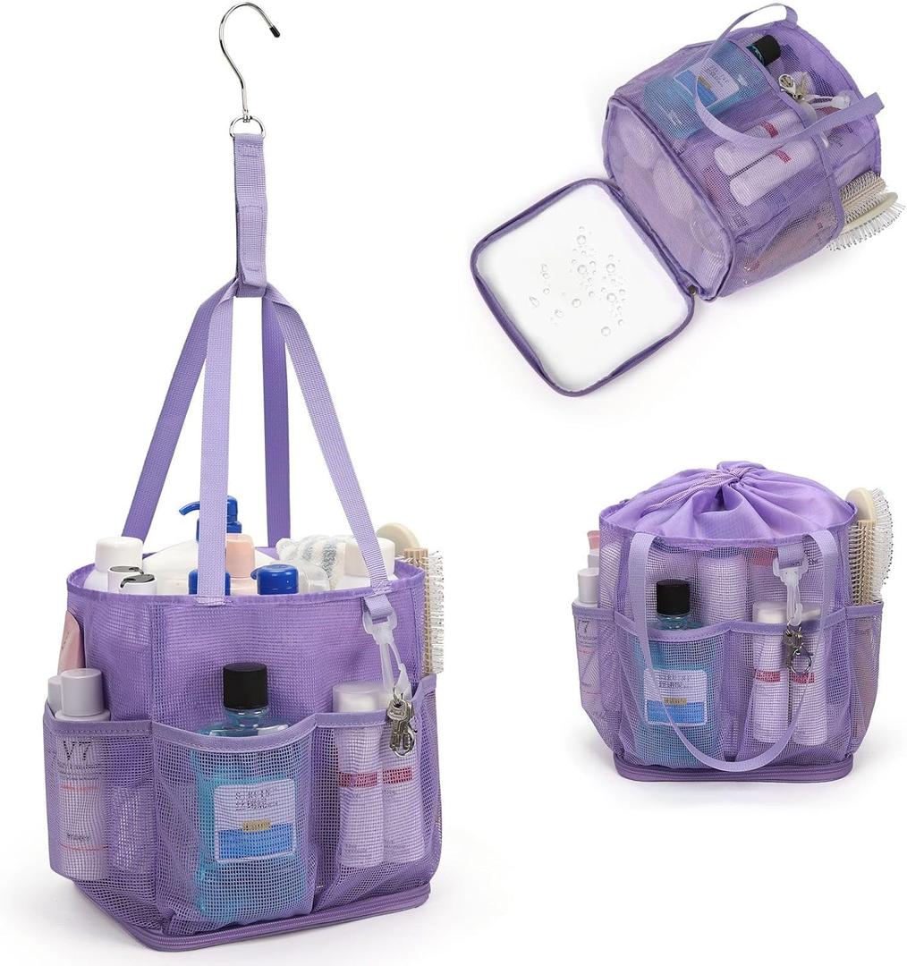 Mesh Shower Caddy Portable for College Dorm Room Essentials, Shower Tote Bag with Hanging Hook and Drawstring, Quick Dry Toiletry Bag with 6 Pockets for Bathroom, Swimming, Gym, Camping, Beach, Travel (Medium, 03-Purple)