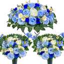 Artificial Headstone Flower Saddle, Cemetery Flowers, Memorial Flowers, Silk Tulip Rose Daisy, Blue, 3 Piece