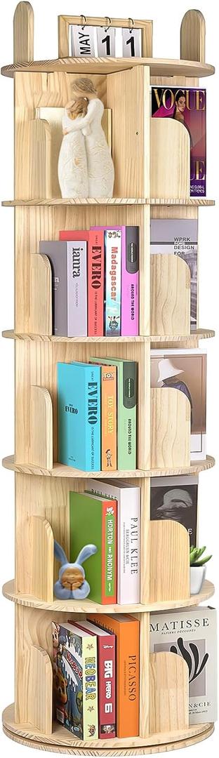 Kryonix Rotating Bookshelf, Solid Pine Wood Spinning Bookshelf Tower 5 Tier, 360 Revolving Bookcase for Kids, Multi-Functiona Corner Round Turning Book Shelf Organizer for Small Spaces