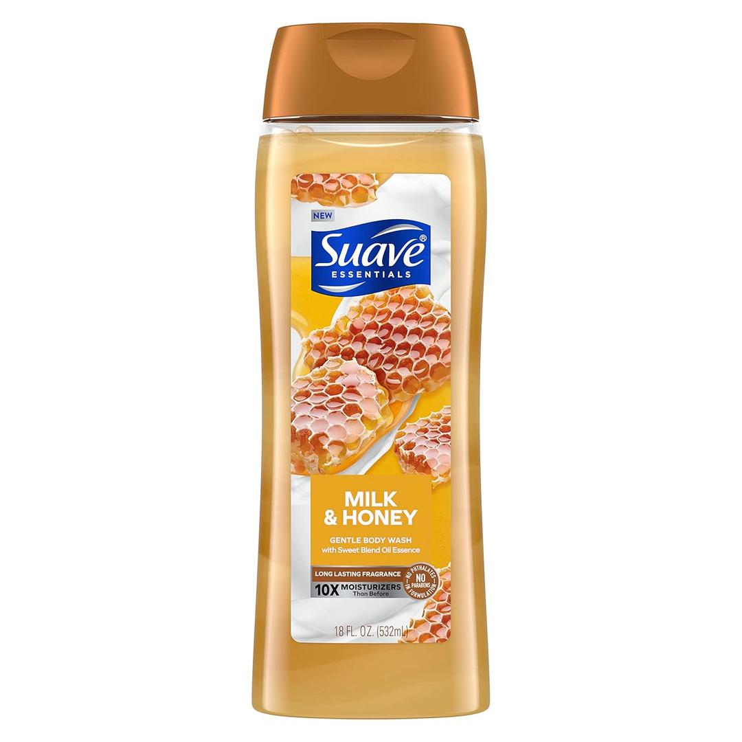 Suave Essentials Gentle Body Wash, With a Sweet Oil Blend Essence, Milk & Honey Infused with Vitamin E & Honey Extract 18 oz