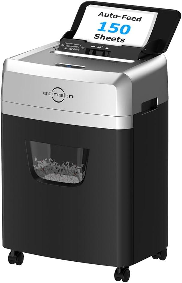 BONSEN 150-Sheet Autofeed Paper Shredder for Office, Heavy Duty Micro-Cut Shredder with 6 Gallon Large Bin, 60 Mins Running Time, P-4 High Security Level for Home Office Use
