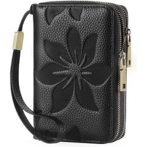 GOIACII Women's Wallet Double Zip Around Credit Card Holder Ladies Wallet Rfid Blocking Wristlet Purse Medium Size Leather Black