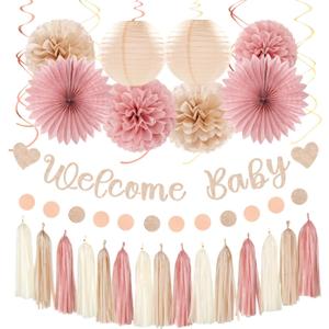 Blush-Pink Rose-Gold Fall Baby-Shower Party-Decorations - 31pcs Welcome Home Banner Sign,Neutral Paper Lanterns,Girl Streamers Garland,Boho Hanging Tissue Pom Poms Flowers Fans Backdrop Decor Burgleda