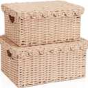 FairyHaus Scalloped Wicker Basket with Lid, Waterproof Wicker Storage Basket with Removable Tray Lid Cream, Handwoven Plactic Wicker Bakests for Nursery 2Pack, 15 x 11.22 x 7& 13 x 9.45 x 5.9