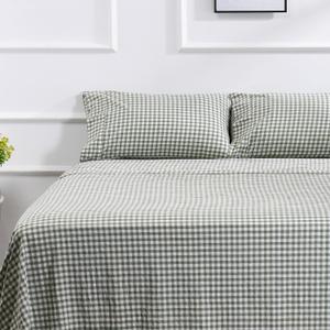100% Cotton Queen Sheet Set - 4 Piece Cotton Sheets Queen Size Bed Set, Soft, Smooth, Durable, Easy Care, 16" Deep Pocket Checkered Green Sheets - 1 Flat, 1 Fitted, 2 Pillow cases