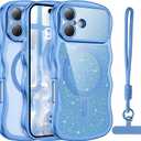 BENTOBEN Magnetic for iPhone 17 Case 2025, Clear Glitter Cute Curly Wavy Edge [Compatible with Magsafe] Sparkly Shinny Slim Design Shockproof Protective Girly Women Men Phone Cover, Blue/Clear