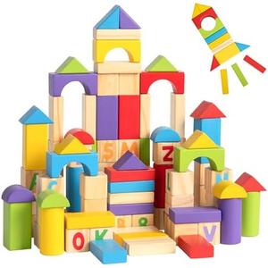 MOMOARI Alphabet Number Wooden Building Blocks Set -100 Blocks in 5 Water Paint Colors and 7 Shapes. Preschool Montessori Kids Baby Toys. Stacking Learning Toys for Toddlers. Age 18 Months +