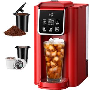 SHARDOR Single Serve Coffee Maker, Hot and Iced Coffee Machine for K Cup Pods & Ground Coffee, 6 to 14 oz Brew Sizes, with 50 oz Removable Water Tank, Bold Brew Setting, Stainless Steel, Red