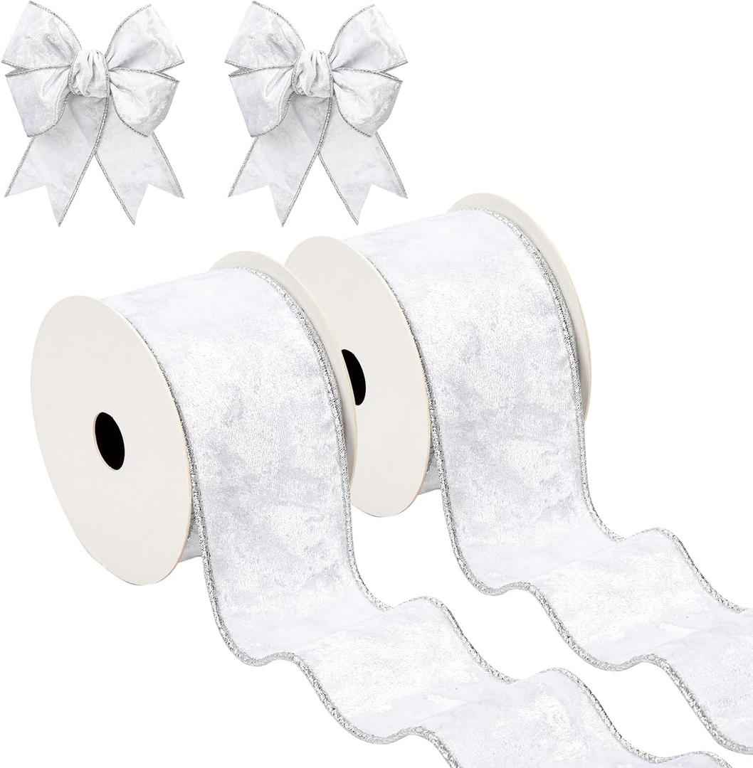 Briful Silver Velvet Christmas Ribbon 2.5 Inch Christmas Tree Ribbon with Metallic Wired Edge (2 Rolls, 20 Yards)