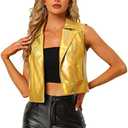 Allegra K Women's Metallic Vest Party Faux Leather Lapel Collar Zip Cropped Sleeveless Holographic Jacket, Medium