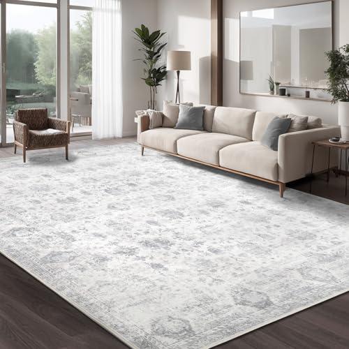 Dotiiorug Washable 8×10 Area Rug for Living Room, Vintage Floral Rug Soft Non Slip Stain Resistant Boho Carpet for Bedroom Dinning Room Kitchen Home Office Grey