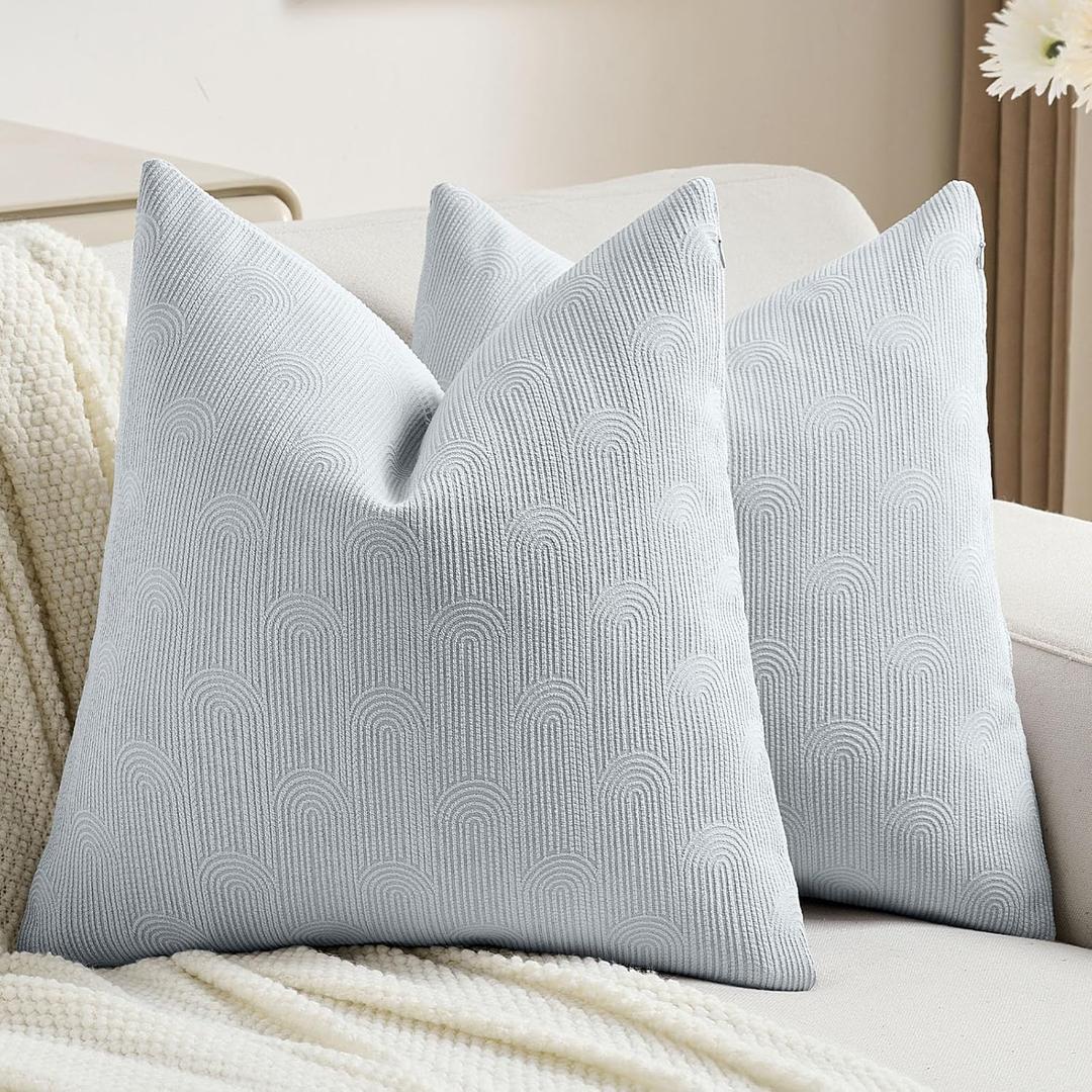 FUTEI Pack of 2 Chenille Decorative Throw Pillow Covers 18x18 Inch,Soft Cozy Striped Geometric Patterns Cushion Case,Modern Home Decor for Couch Bed Living Room,Light Blue