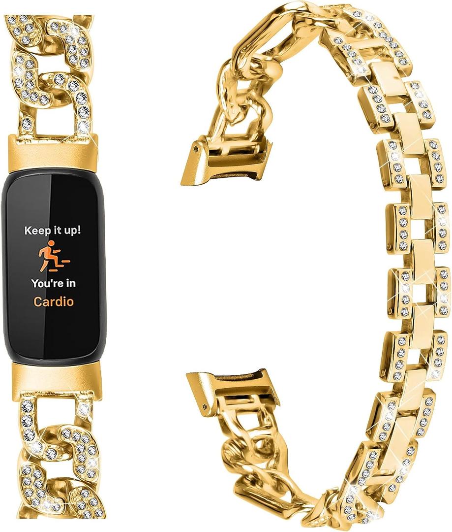 Metal Band Compatible with Fitbit Luxe Bands for Women Shiny Rhinestone Bracelet Strap Adjustable Replacement Bands for Fitbit Luxe Tracker (Gold)