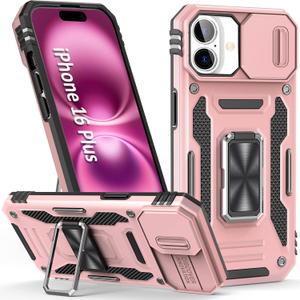 Phone Case for iPhone 16 Plus Case iPhone 16Plus Phone Case with Slide Camera Lens Cover & Kickstand, Dual-Layer Shockproof Military-Grade Drop Protection, for 16 Plus (Rose Gold)
