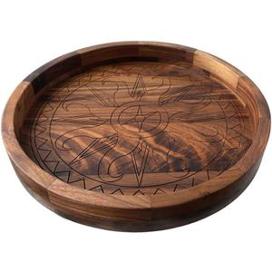 Walnut Tray, 12 Inches Ottoman Tray, Rustic Round Handcrafted Solid Wooden Candle Decorative Tray for Coffee Table Countertop, Home Decor, Farmhouse, Kitchen, Bar