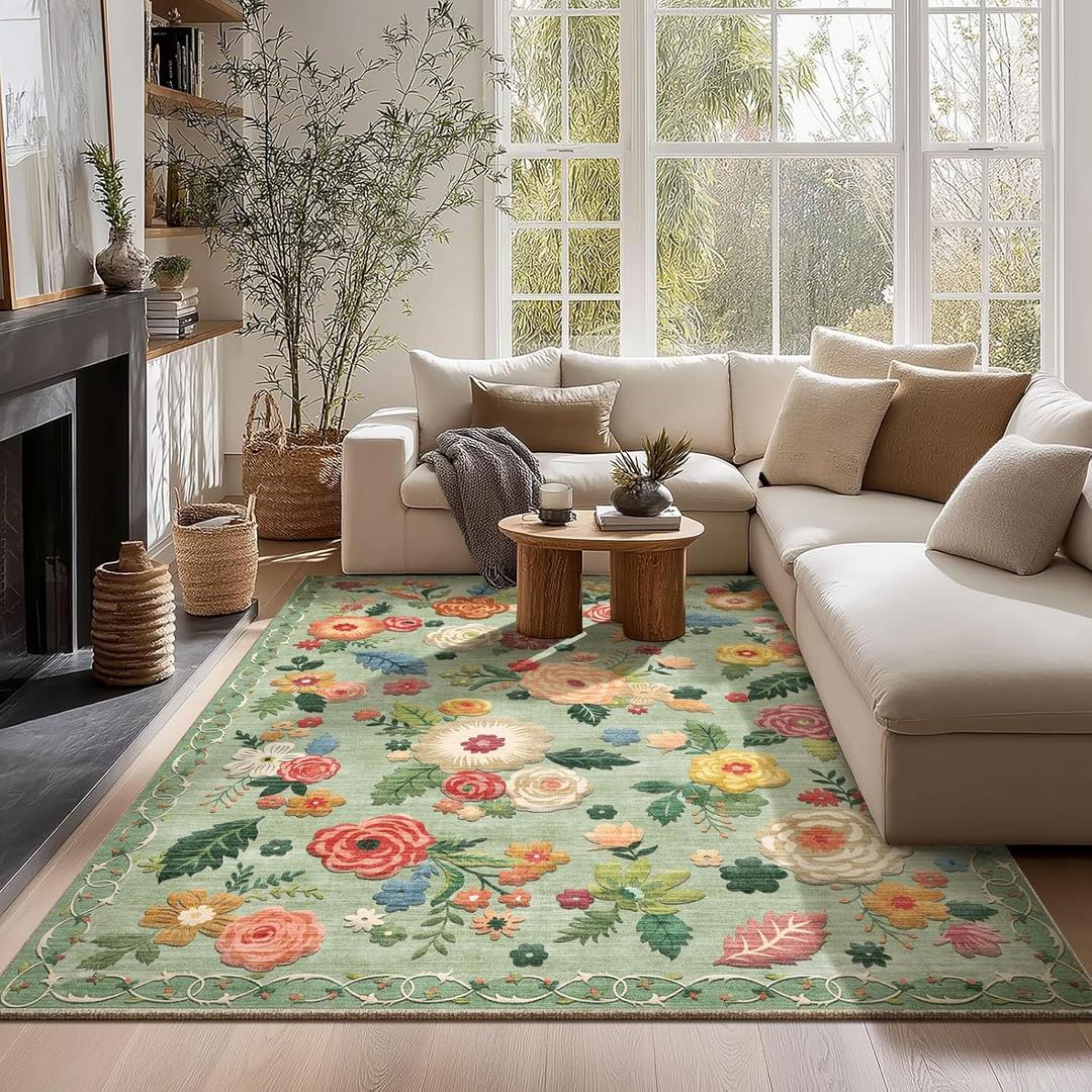 Machine Washable Area Rugs for Bedroom: 5'x7' Living Room Rug Floral Vintage Rug Stain Resistant Non Slip Low Pile Faux Wool Soft Green Rugs for Dining Room Bedside Kitchen Entryway Nursery Office