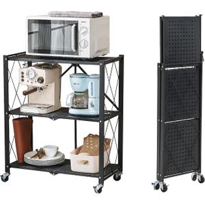 BRIAN & DANY 3-Tier Foldable Storage Shelves with Wheels, No Assembly Folding Shelf Metal Rack, Shelving Unit for Kitchen, Garage, Black