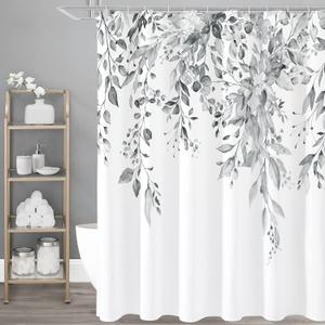 Gibelle Long Shower Curtain 72 x 78, Grey Floral Shower Curtain for Bathroom, Watercolor Plant Eucalyptus Leaves Fabric Shower Curtain Set