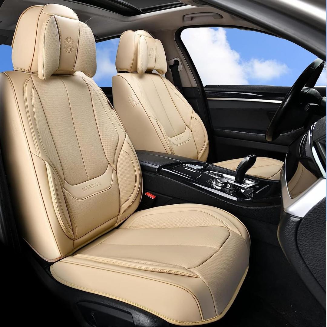Coverado Universal Seat Covers Front, 2-Pack Universal Seat Covers for Cars, Waterproof Nappa Leather Car Seat Covers with Head Pillow, Auto Protectors Fit for Most Sedans SUV Pick-up Truck-Beige (Front, Beige(Pillow))
