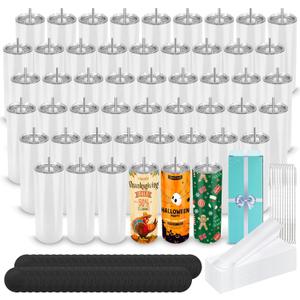 DS 50 Pack Sublimation Tumblers 20 oz Bulk Skinny Straight Flat Bottom Blank Tumbler Cups with Individual Gift Boxed for Heat Transfer DIY Craft