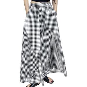 Womens Plaid Pants Black and White Checkered Skirt Pants Elastic Waist Wide Leg Flowy Palazzo with Pockets Casual Trousers (X-Large)