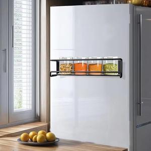 Magnetic Spice Rack for Refrigerator Magnetic Shelf for Side of Refrigerator Microwave Moveable and Powerful Magnetic, with  Spice Jars, Space Saving, Magnetic Laundry Organizer (Black) Set of 2