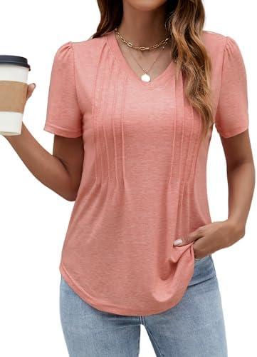 Anbech Women's V Neck T Shirts Pleated Casual Plain Tops Short Sleeve Summer Blouses, L