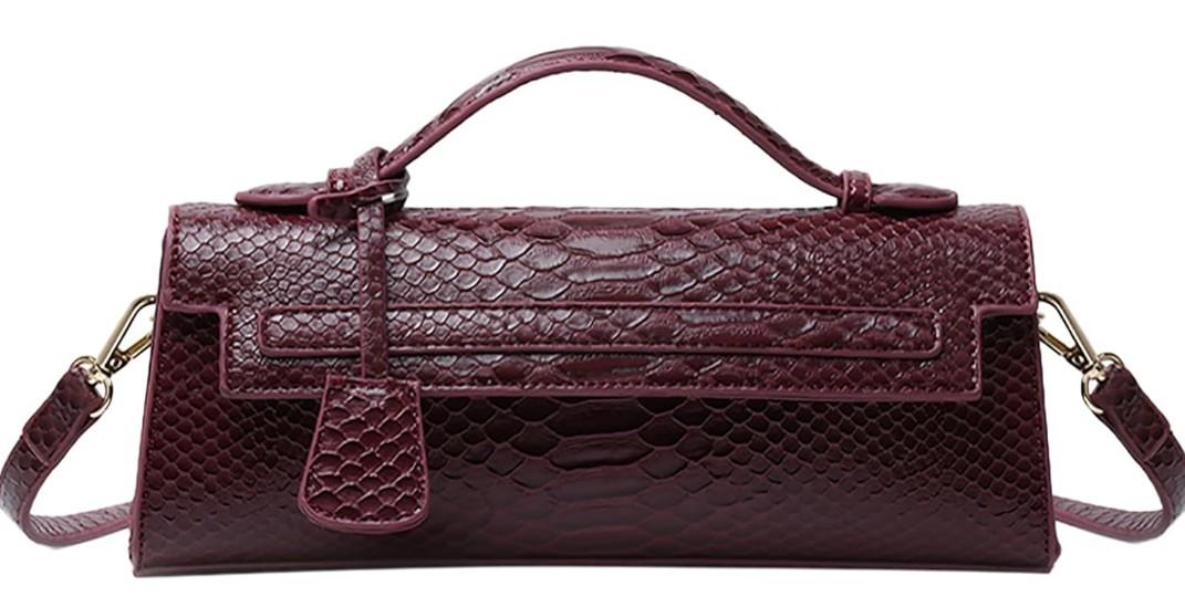 Women’s Top-Handle Handbag, Snake Pattern Burgundy Clutch Purse, Designer Crossbody Bag With Detachable Strap