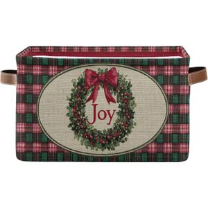 Christmas Joy Wreath Bow Knot Storage Basket with Waterproof Liner and PU Handles Winter Poinsettia Buffalo Plaid Storage Bins Boxes 14.2" Collapsible Decorative Baskets for Bedroom Office 1 Pack