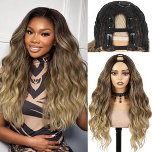 U Part Long Wavy Wig for Black Women Long Body Wavy V Part Wigs 24 Inches Ombre Brown Wear and Go Glueless Wig No Leave Out Clip in Synthetic Half Wigs Beginner Friendly (Ombre Brown)