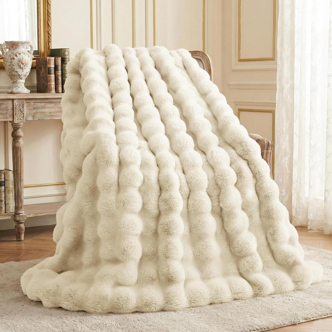 L'AGRATY Faux Rabbit Fur Blanket: 50" x 60" Luxury Soft Fluffy Thick Fur Throw Blanket for Couch Bed Sofa - Cozy Plush Bubble Blankets for Winter: Warm Flannel Fleece Decorative Blanket(Almond White)