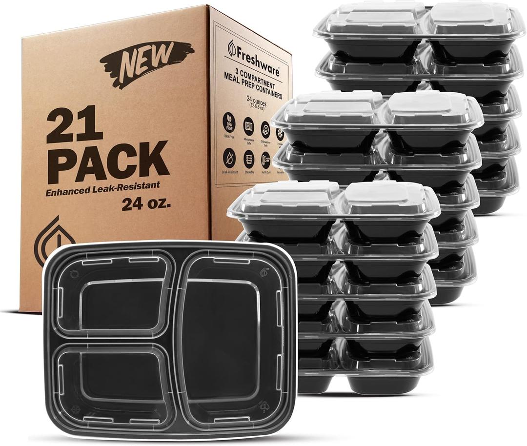 Freshware Meal Prep Containers 21 Count (Pack of 1), 3 Compartment with Lids, Food Storage Containers, Bento Box, Stackable, Microwave/Dishwasher/Freezer Safe (24 oz) (3-Compartment, 24 ounce, 21 Pack)