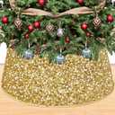 OMKSIH Gold Christmas Tree Collar - 23.6 Inch Sequin Skirt, Glitter Xmas Ring, Embroidered Velvet Collar for Pencil Tree, Sparkly Base Cover, Mermaid Stand Collar for Fall