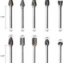 Carbide Burr Set 1/8 Inch Shank with 1/4 Inch Head Double Cut Rotary Burrs Die Grinder Drill Bits for Woodworking Engraving Drilling Carving,10pcs