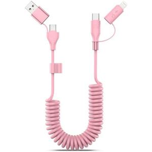 Coiled USB-C and Lightning Cable 2-in-1, 3FT iPhone 15 16 Car Charger Cord, 60W Fast Charging Cable for iPhone 16, Samsung Galaxy Supports Apple CarPlay & Android Auto (Pink)