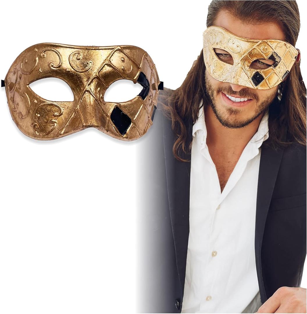 Masquerade Mask For Men - Antique Look Mask for Halloween, Venetian Party, Masquerade Party, Mardi Gras, & Prom (One Size, Gold/Black/Antique Finish)