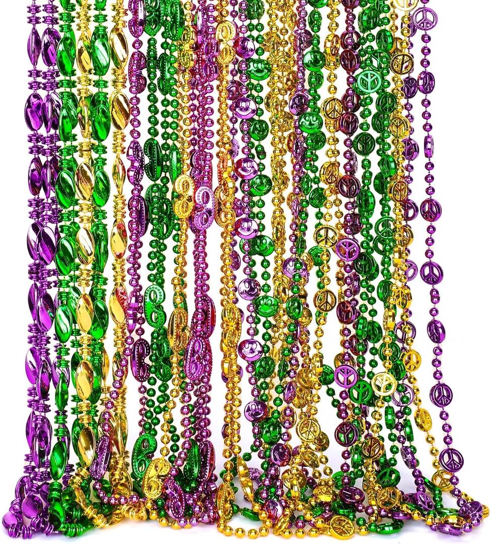 NOVWANG Mardi Gras Beads 24 Pcs Purple Green Gold Metallic Necklaces Bulk for Carnival Parade Supplies (4 Styles)