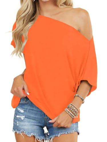 Eniloyal Off The Shoulder Tops for Women Short Sleeve Trendy T Shirts Loose Batwing Summer Going Out Oversized Blouse Tunic Orange, L