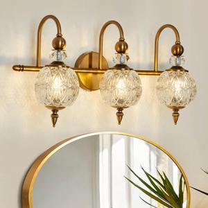 Vintage Bathroom Lights Fixtures Gold Vanity Light with Glass Globe LampShade 3 Light Mid Century G9 Bulb Wall Sconce Indoor Vanity Light Over Mirror for Kitchen Bedroom Farmhouse Living Room