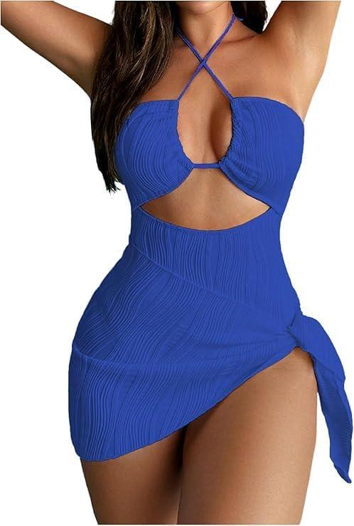 SKAYS Womens One Piece Swimsuit Texture Hollow Out Halter Neck Solid Color Bathing Suit with Cover-Up 2-Piece Sets Swimwear Blue XL
