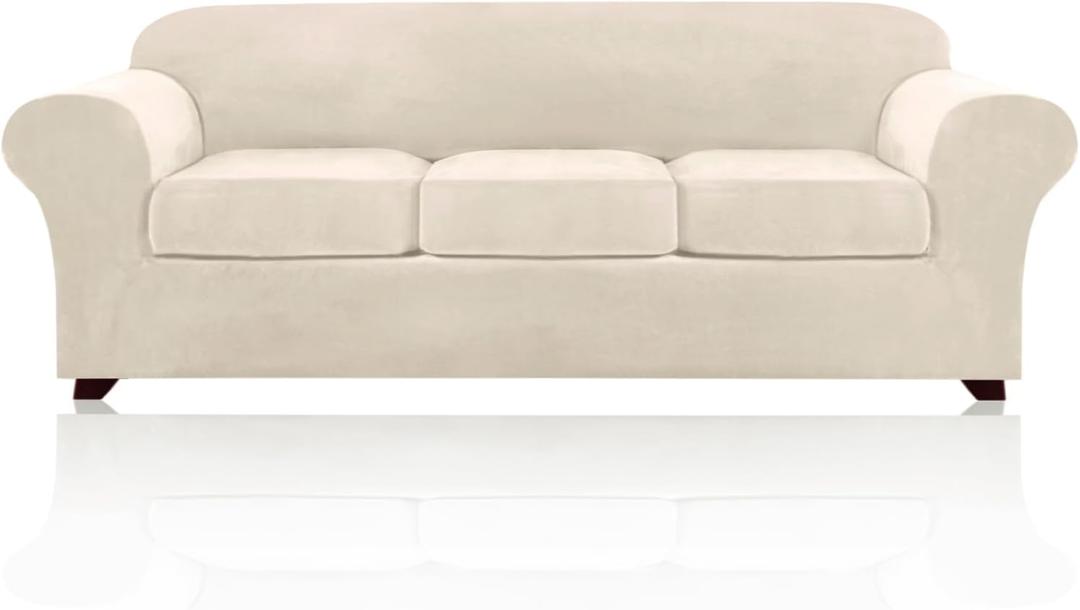 PrinceDeco PriceDeco Velvet XL Couch Cover for Oversized Sofa 4 Piece Sofa Covers for 3 Cushion Couch Washable Furniture Protector with Non Slip Elastic Bottom Width Up to 97 Inch(X-Large, Ivory)