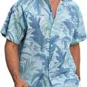 SILKWORLD Men's Cotton Linen Casual Button Down Shirts Short Sleeve Hawaiian Summer Tropical Beach Shirts with Pocket, Haze Blue Leaves, XX-Large