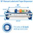 IDL Packaging 18" Manual Label and Tape Dispenser, 2" and Up Core Size, Adjustable Roll Width - Tabletop & Wall-Mounted Multi Roll Holder - Industrial Grade Steel Construction
