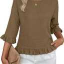 Siliteelon Womens 3/4 Sleeve Tops Summer Tshirts Ruffle Flowy Crew Neck Dressy Casual Blouses 2026 Trendy Cute Work Outfits (Small, Coffee)