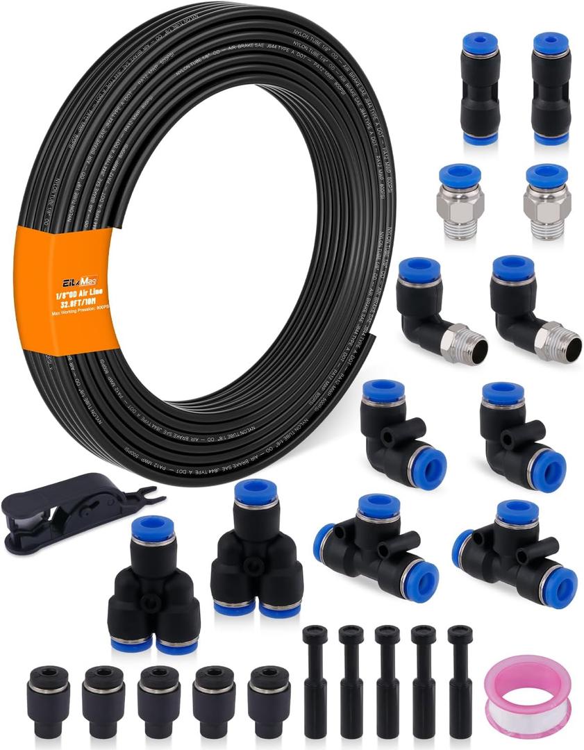 1/8" Air Line Tubing Kit, 32.8FT(10M) SAE J844 PA Nylon Air Hose Tubing with Cutter and Teflon Tape, 1/8" Air Hose with Push to Connect Fittings for Air Brake System Or Fluid Transfer(25PCS)
