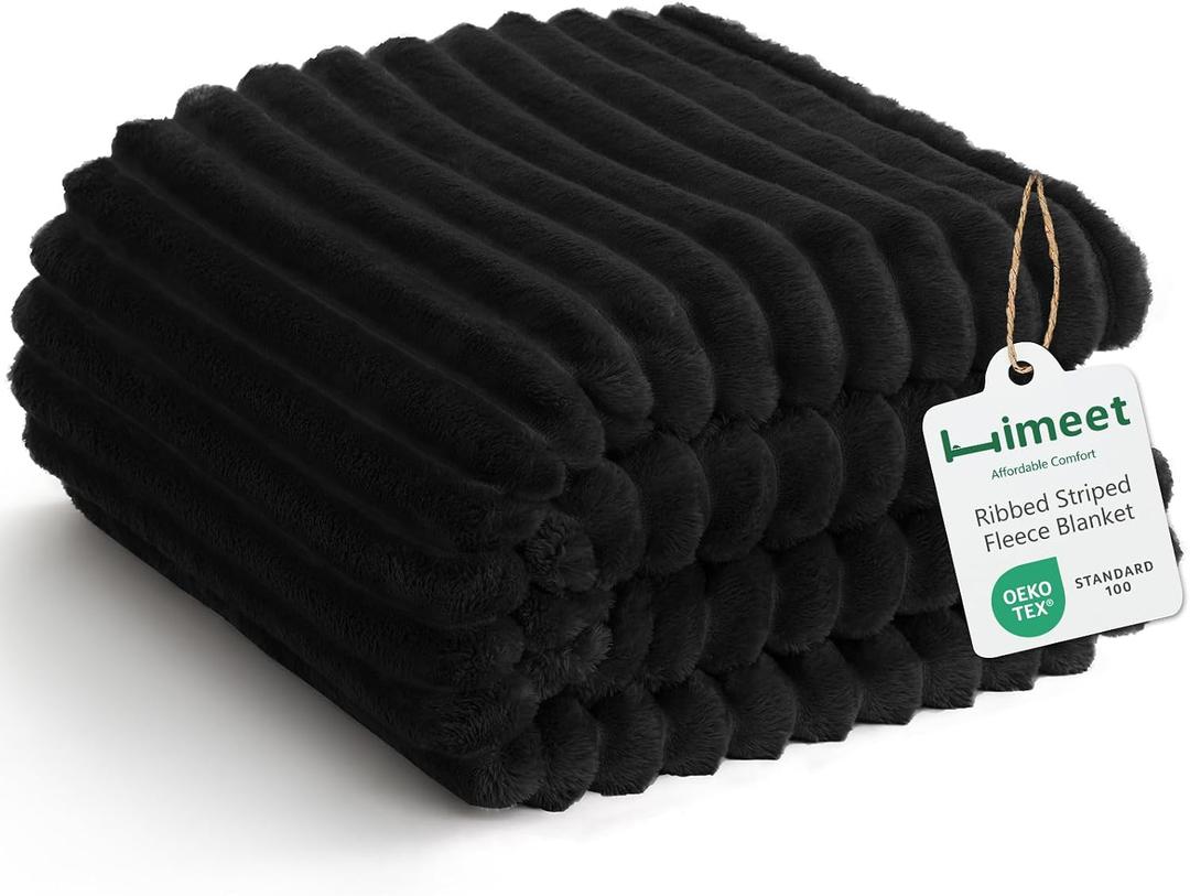 HIMEET Black Ribbed King Size Blanket for Bed - 300GSM Lightweight Fleece Blanket for Men Women, Large Cozy Sofa Couch Bed Blankets Gifts, Striped Spring Home Room Decor, Black, 108x90 Inches