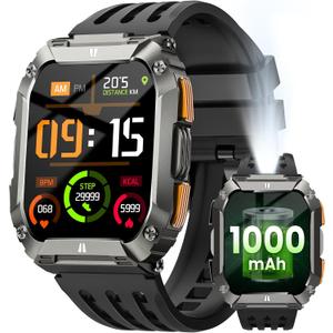 Smart Watches for Men, Military Smart Watch with 100 Days Battery/LED Flashlight, 1.95'' Fitness Watch with Heart Rate/ Sleep Monitor/100+ Sports Mode, 5 ATM Rugged Smartwatch for Android and iPhone