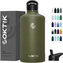 COKTIK 128 oz/One Gallon Water Bottle Insulated, Double Walled Vacumm Metal Stainless Steel Sports Water Bottle with Reusable 2 Lids for Sports, Gym, Fitness or Office(Army Green)